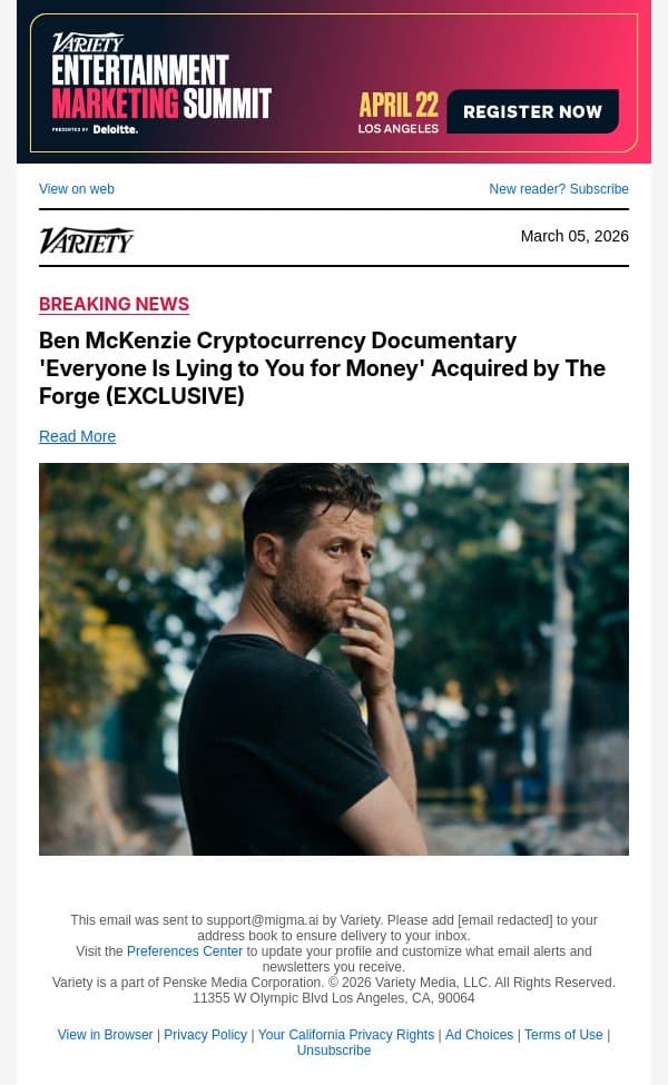 Ben McKenzie Cryptocurrency Documentary 'Everyone Is Lying to You for Money' Acquired by The Forge (EXCLUSIVE) email from Variety screenshot