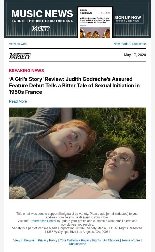 ‘A Girl’s Story’ Review: Judith Godrèche’s Assured Feature Debut Tells a Bitter Tale of Sexual Initiation in 1950s France email from Variety screenshot