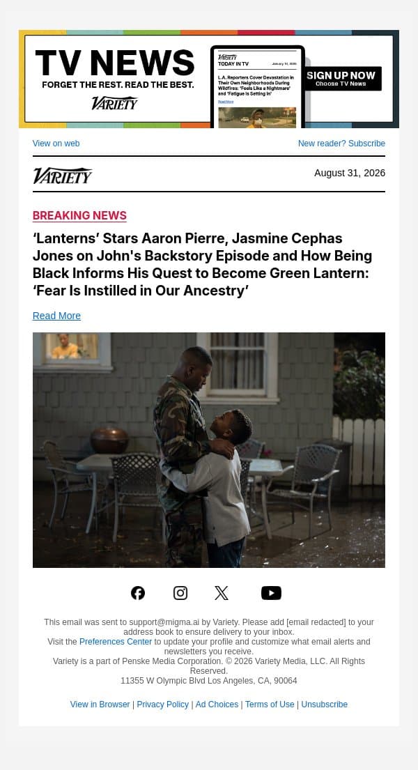 ‘Lanterns’ Stars Aaron Pierre, Jasmine Cephas Jones on John's Backstory Episode and How Being Black Informs His Quest to Become Green Lantern: ‘Fear Is Instilled in Our Ancestry’ email from Variety screenshot
