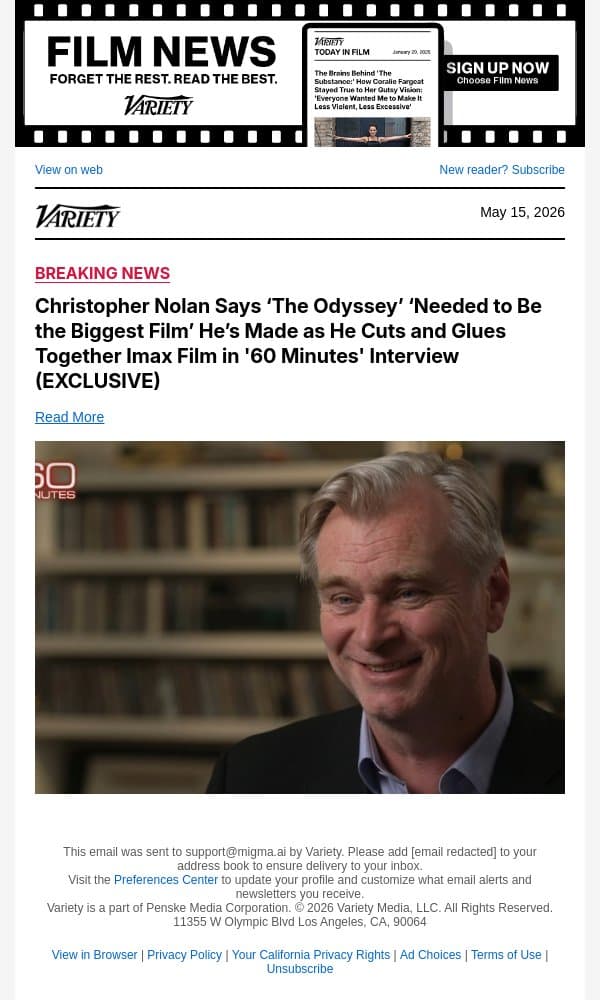 Christopher Nolan Says ‘The Odyssey’ ‘Needed to Be the Biggest Film’ He’s Made as He Cuts and Glues Together Imax Film in '60 Minutes' Interview (EXCLUSIVE) email from Variety screenshot