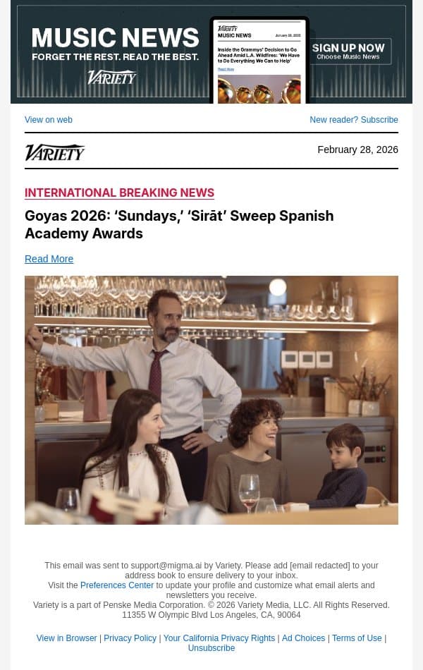Goyas 2026: ‘Sundays,’ ‘Sirāt’ Sweep Spanish Academy Awards email from Variety screenshot