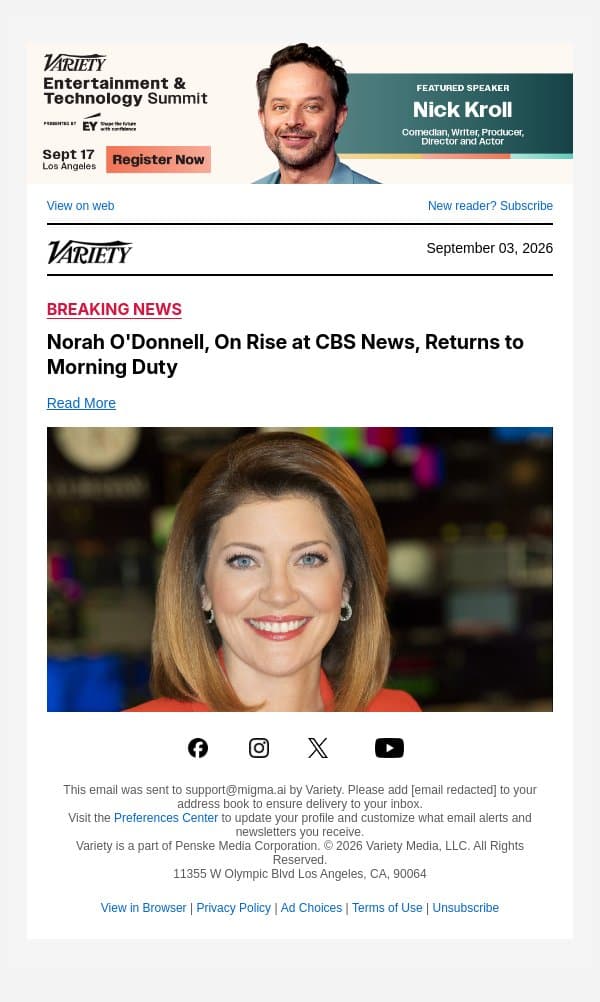 Norah O'Donnell, On Rise at CBS News, Returns to Morning Duty email from Variety screenshot
