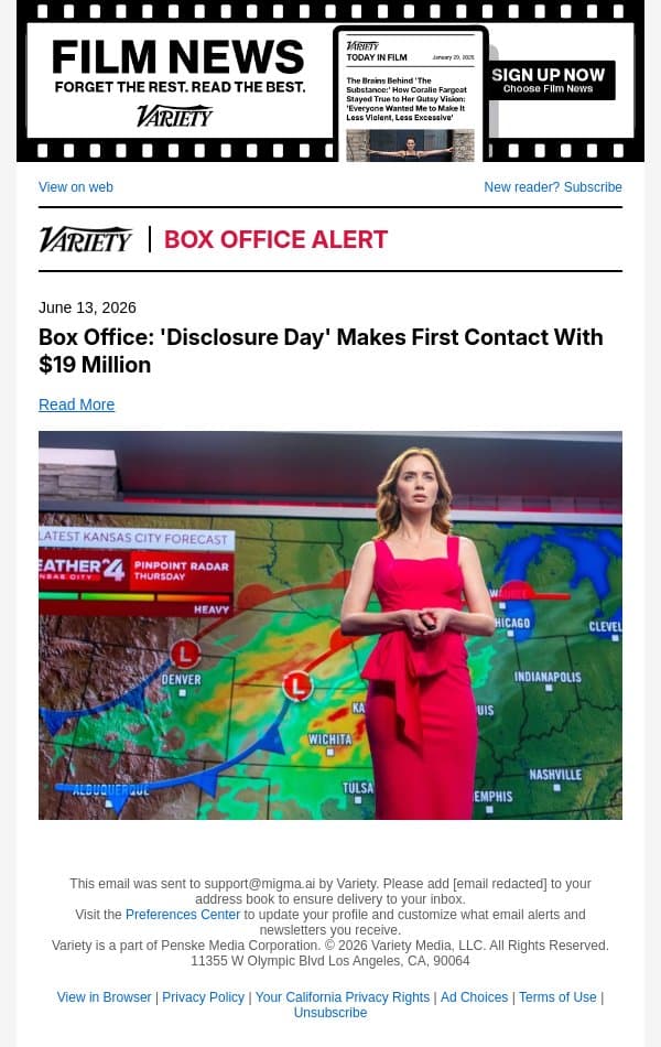 Box Office: 'Disclosure Day' Makes First Contact With $19 Million email from Variety screenshot