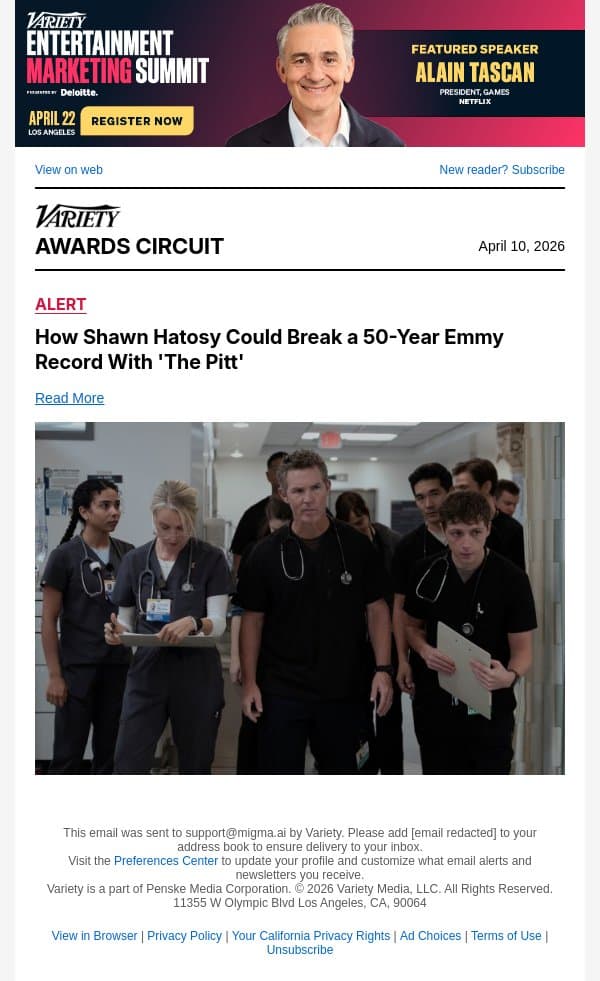 How Shawn Hatosy Could Break a 50-Year Emmy Record With 'The Pitt' email from Variety screenshot
