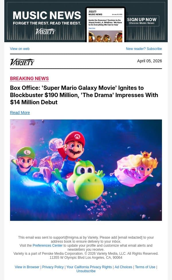 Box Office: 'Super Mario Galaxy Movie' Ignites to Blockbuster $190 Million, 'The Drama' Impresses With $14 Million Debut email from Variety screenshot