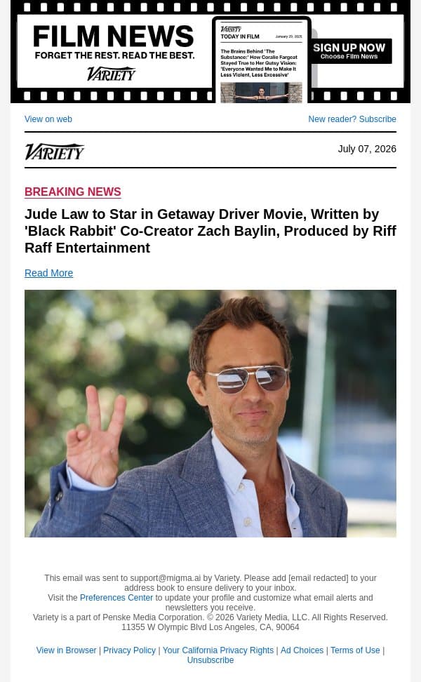 Jude Law to Star in Getaway Driver Movie, Written by 'Black Rabbit' Co-Creator Zach Baylin, Produced by Riff Raff Entertainment email from Variety screenshot