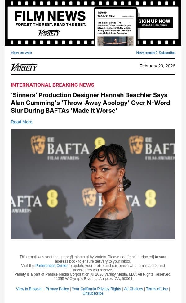 ‘Sinners’ Production Designer Hannah Beachler Says Alan Cumming's 'Throw-Away Apology' Over N-Word Slur During BAFTAs 'Made It Worse' email from Variety screenshot