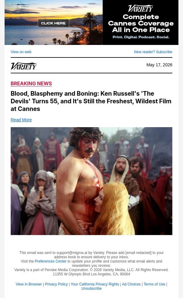 Blood, Blasphemy and Boning: Ken Russell's 'The Devils' Turns 55, and It's Still the Freshest, Wildest Film at Cannes email from Variety screenshot