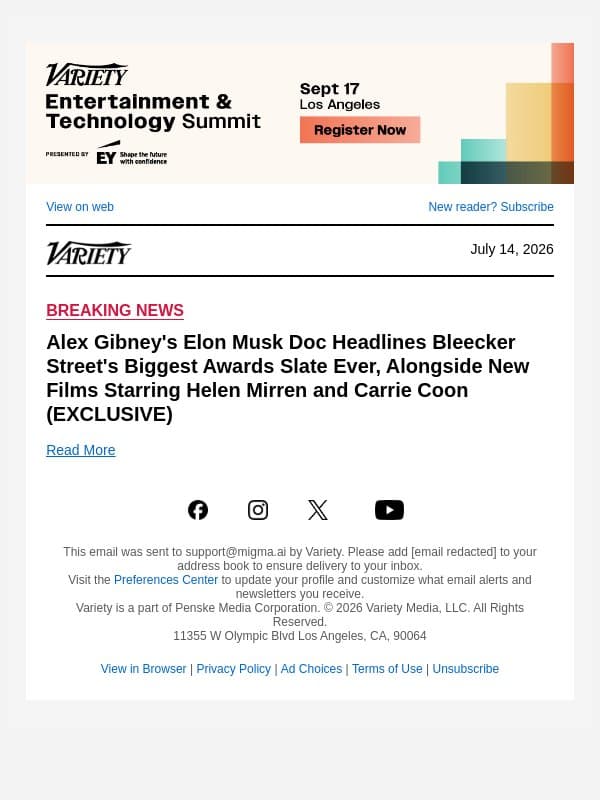 Alex Gibney's Elon Musk Doc Headlines Bleecker Street's Biggest Awards Slate Ever, Alongside New Films Starring Helen Mirren and Carrie Coon (EXCLUSIVE) email from Variety screenshot