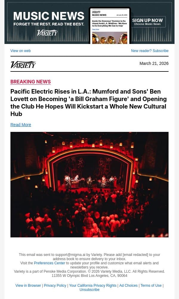 Pacific Electric Rises in L.A.: Mumford and Sons' Ben Lovett on Becoming 'a Bill Graham Figure' and Opening the Club He Hopes Will Kickstart a Whole New Cultural Hub email from Variety screenshot