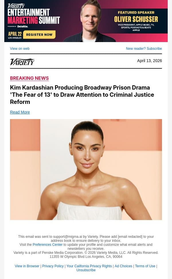 Kim Kardashian Producing Broadway Prison Drama 'The Fear of 13' to Draw Attention to Criminal Justice Reform email from Variety screenshot