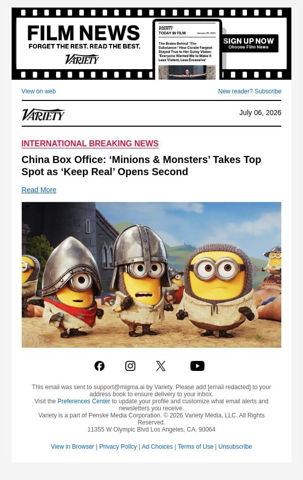 China Box Office: ‘Minions & Monsters’ Takes Top Spot as ‘Keep Real’ Opens Second email from Variety screenshot