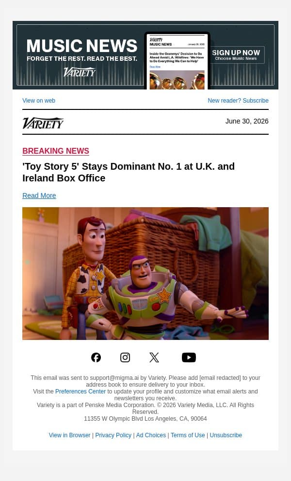 'Toy Story 5' Stays Dominant No. 1 at U.K. and Ireland Box Office email from Variety screenshot