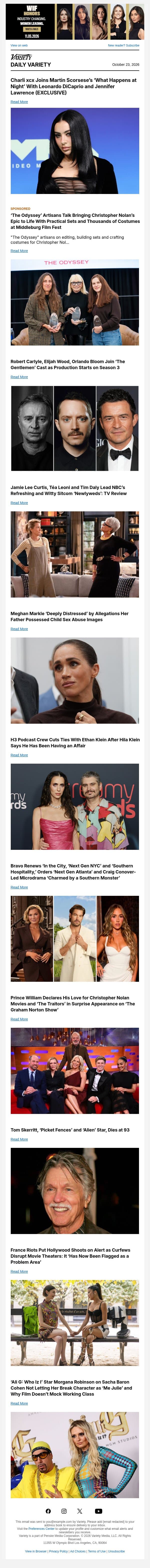 Charli xcx Joins Scorsese Film; 'The Gentlemen' Adds to Cast; Jamie Lee Curtis' 'Newlyweds' Review email from Variety screenshot