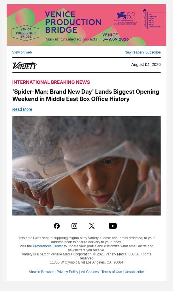 'Spider-Man: Brand New Day' Lands Biggest Opening Weekend in Middle East Box Office History email from Variety screenshot