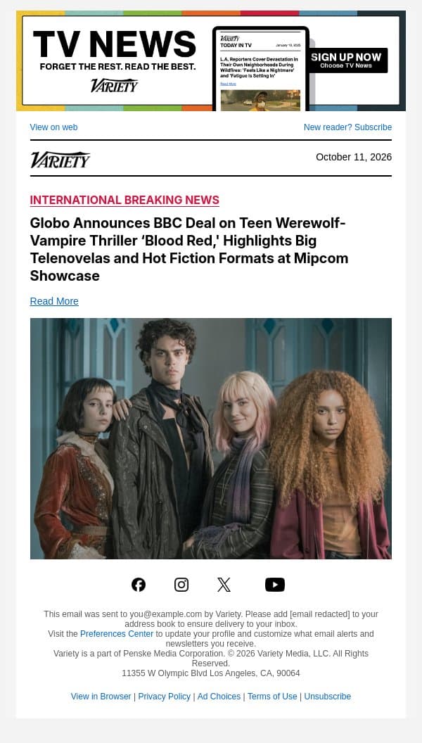 Globo Announces BBC Deal on Teen Werewolf-Vampire Thriller ‘Blood Red,' Highlights Big Telenovelas and Hot Fiction Formats at Mipcom Showcase email from Variety screenshot