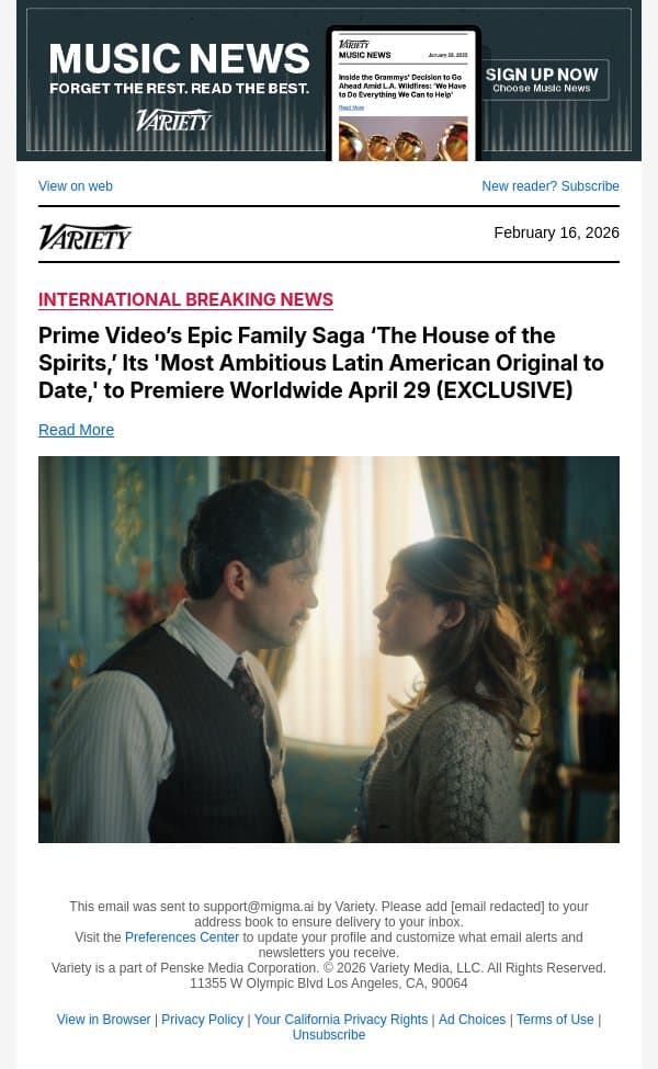 Prime Video’s Epic Family Saga ‘The House of the Spirits,’ Its 'Most Ambitious Latin American Original to Date,' to Premiere Worldwide April 29 (EXCLUSIVE) email from Variety screenshot
