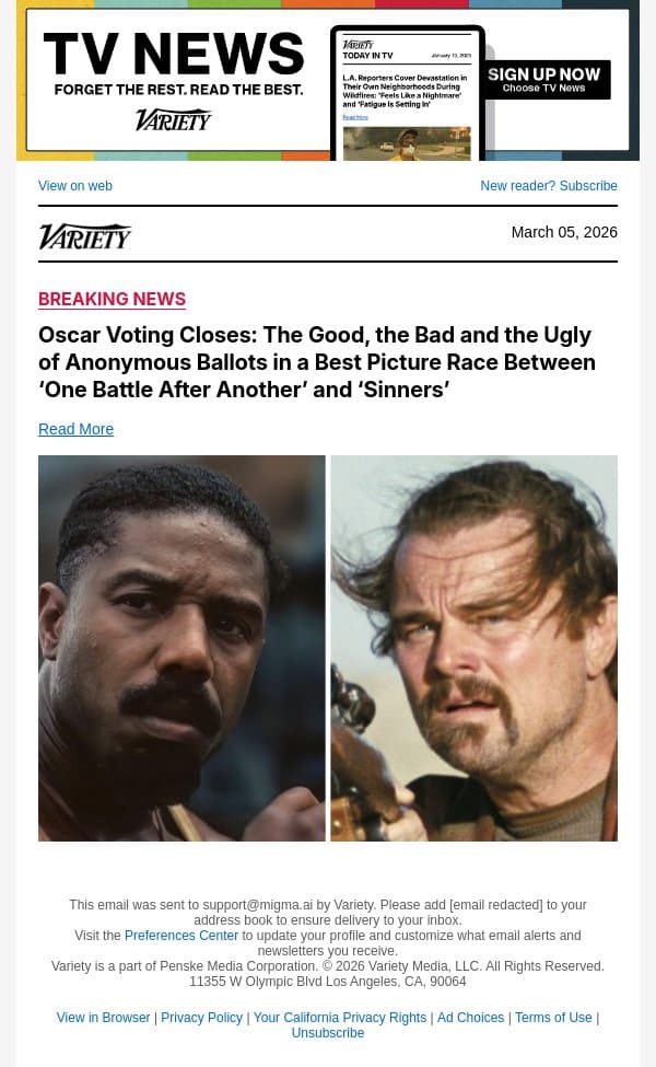 Oscar Voting Closes: The Good, the Bad and the Ugly of Anonymous Ballots in a Best Picture Race Between ‘One Battle After Another’ and ‘Sinners’ email from Variety screenshot