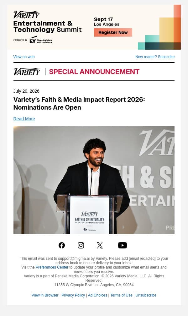 Variety’s Faith & Media Impact Report 2026: Nominations Are Open email from Variety screenshot
