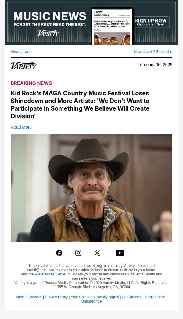 Kid Rock's MAGA Country Music Festival Loses Shinedown and More Artists: 'We Don't Want to Participate in Something We Believe Will Create Division' email from Variety screenshot