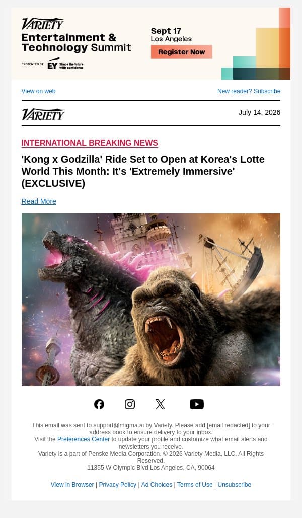 'Kong x Godzilla' Ride Set to Open at Korea's Lotte World This Month: It's 'Extremely Immersive' (EXCLUSIVE) email from Variety screenshot