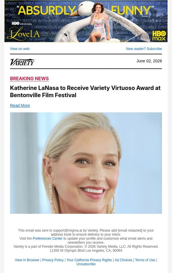 Katherine LaNasa to Receive Variety Virtuoso Award at Bentonville Film Festival email from Variety screenshot