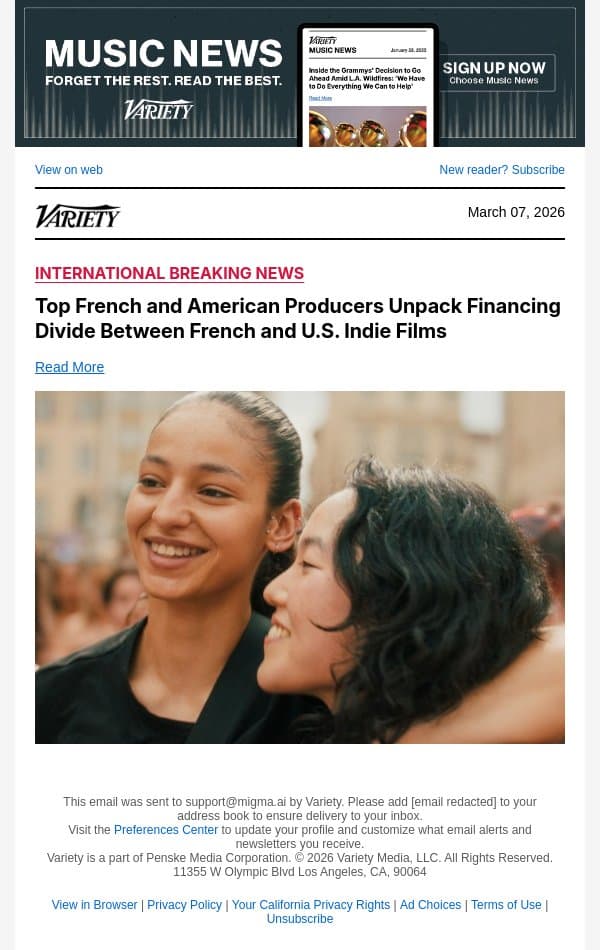 Top French and American Producers Unpack Financing Divide Between French and U.S. Indie Films email from Variety screenshot