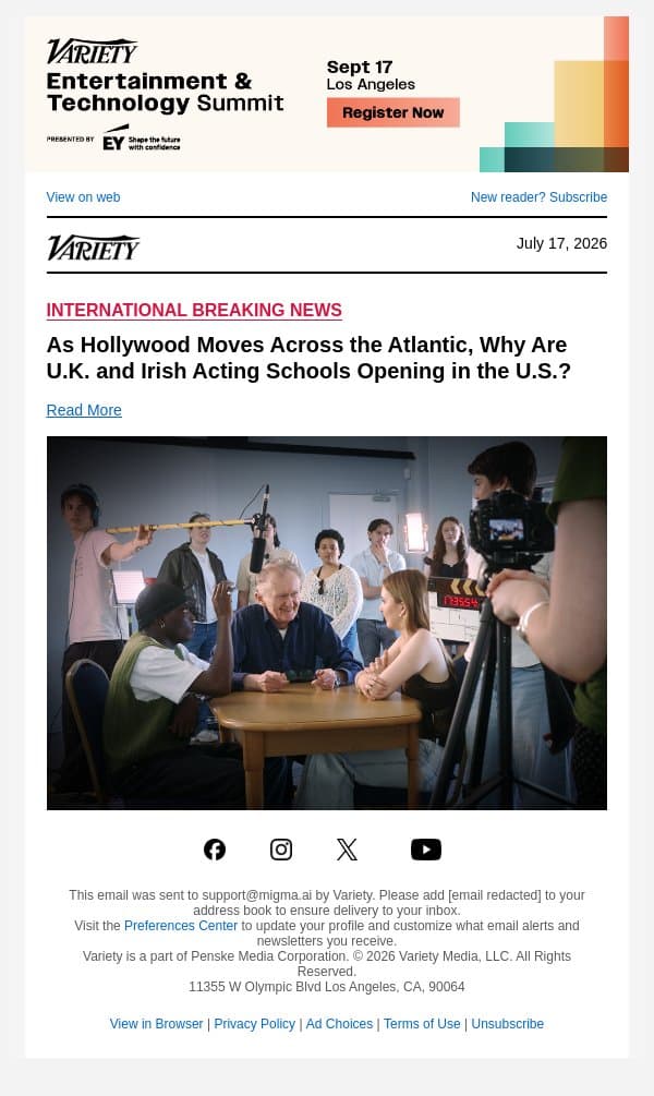 As Hollywood Moves Across the Atlantic, Why Are U.K. and Irish Acting Schools Opening in the U.S.? email from Variety screenshot