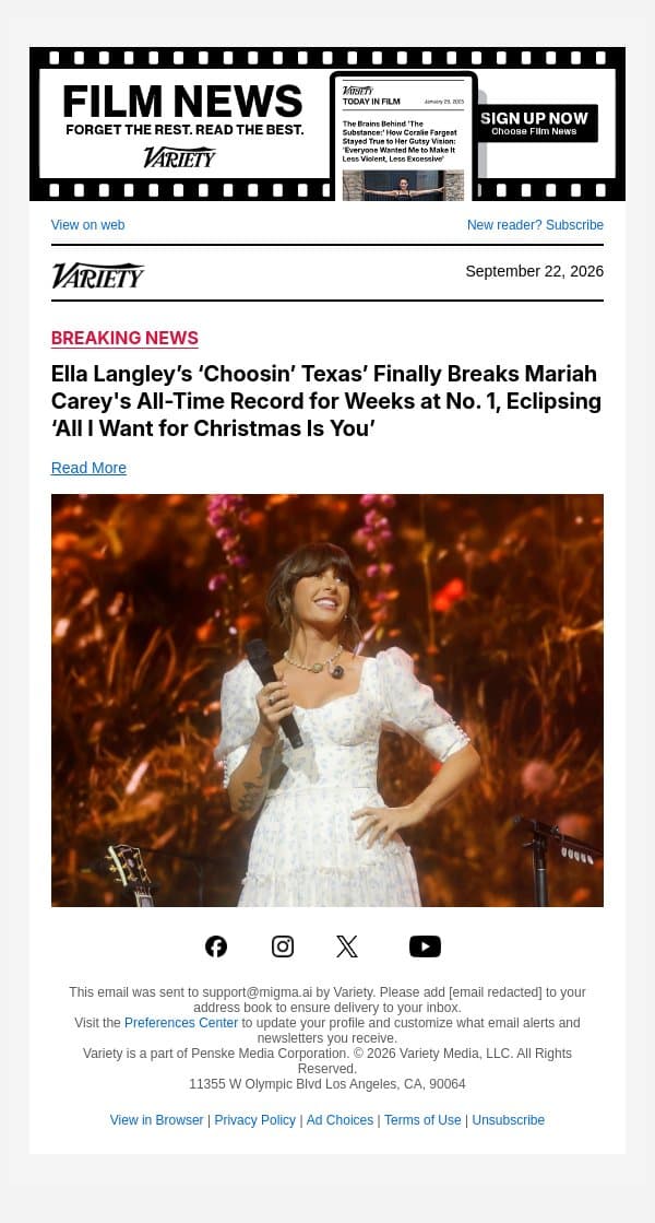 Ella Langley’s ‘Choosin’ Texas’ Finally Breaks Mariah Carey's All-Time Record for Weeks at No. 1, Eclipsing ‘All I Want for Christmas Is You’ email from Variety screenshot