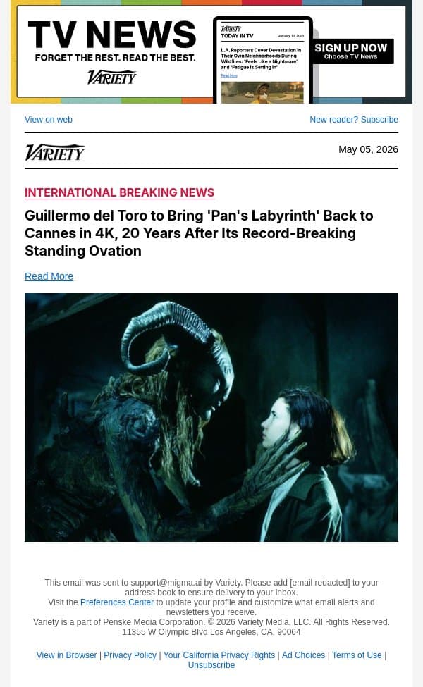 Guillermo del Toro to Bring 'Pan's Labyrinth' Back to Cannes in 4K, 20 Years After Its Record-Breaking Standing Ovation email from Variety screenshot
