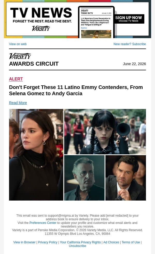 Don't Forget These 11 Latino Emmy Contenders, From Selena Gomez to Andy Garcia email from Variety screenshot