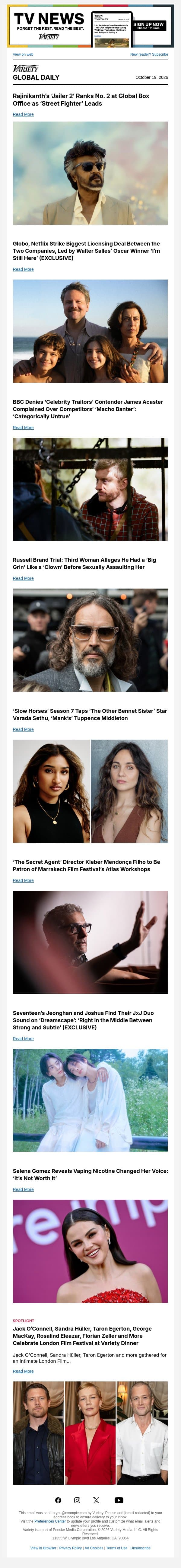 'Jailer 2' Box Office; Netflix and Globo Strike Deal; 'Celebrity Traitors' Drama email from Variety screenshot