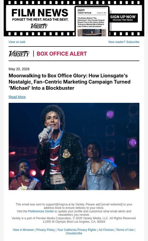 Moonwalking to Box Office Glory: How Lionsgate's Nostalgic, Fan-Centric Marketing Campaign Turned 'Michael' Into a Blockbuster email from Variety screenshot