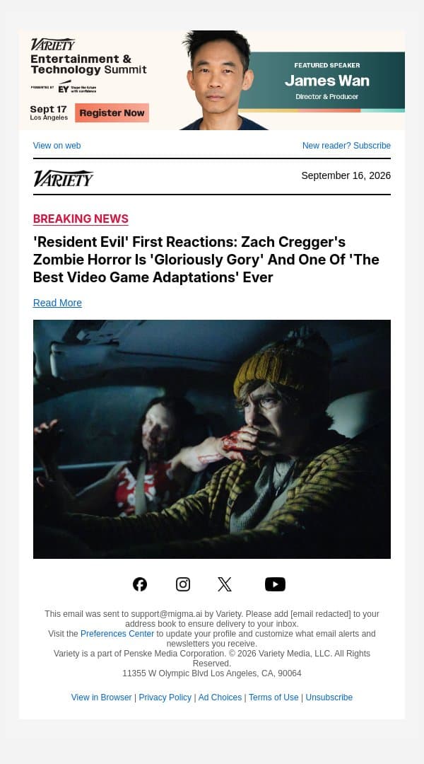 'Resident Evil' First Reactions: Zach Cregger's Zombie Horror Is 'Gloriously Gory' And One Of 'The Best Video Game Adaptations' Ever email from Variety screenshot