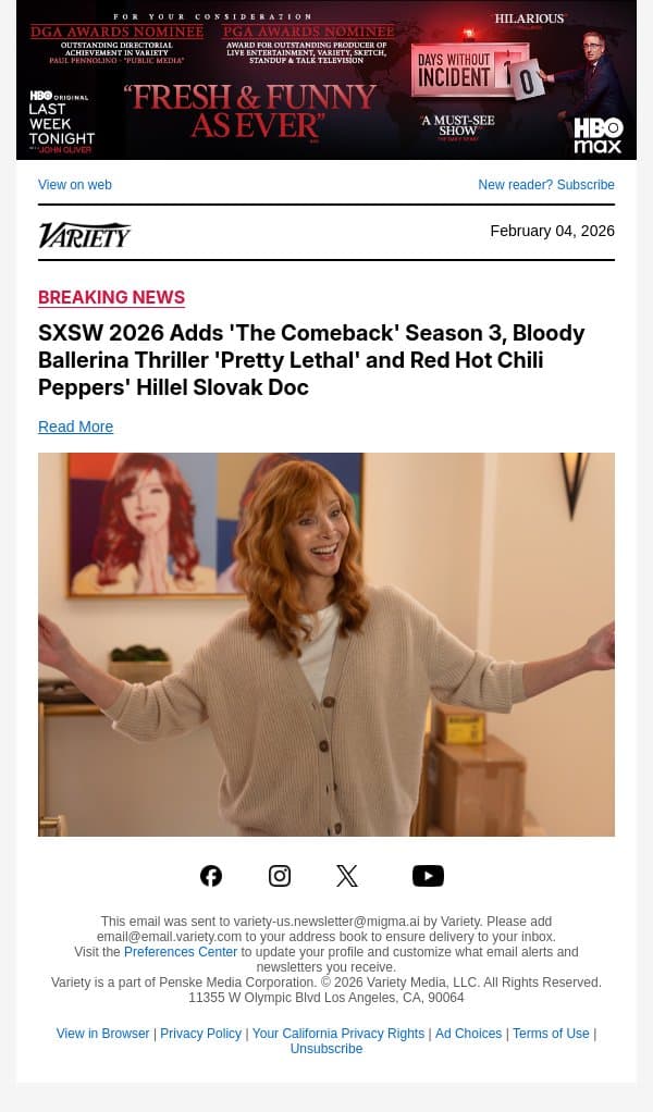 SXSW 2026 Adds 'The Comeback' Season 3, Bloody Ballerina Thriller 'Pretty Lethal' and Red Hot Chili Peppers' Hillel Slovak Doc email from Variety screenshot