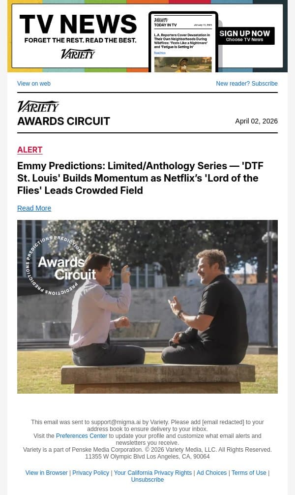 Emmy Predictions: Limited/Anthology Series — 'DTF St. Louis' Builds Momentum as Netflix’s 'Lord of the Flies' Leads Crowded Field email from Variety screenshot