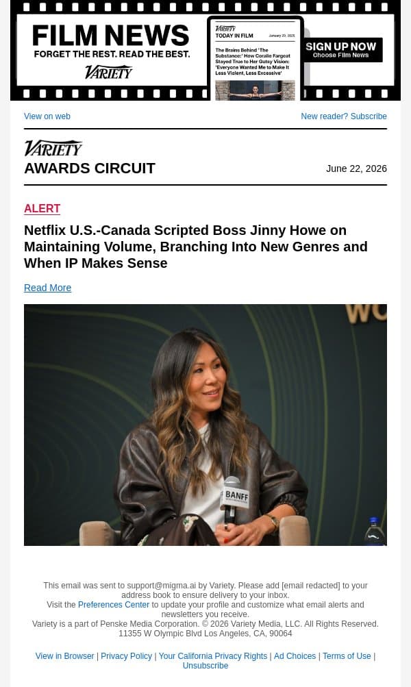 Netflix U.S.-Canada Scripted Boss Jinny Howe on Maintaining Volume, Branching Into New Genres and When IP Makes Sense email from Variety screenshot