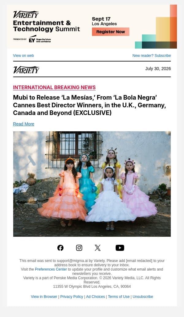 Mubi to Release ‘La Mesías,’ From ‘La Bola Negra’ Cannes Best Director Winners, in the U.K., Germany, Canada and Beyond (EXCLUSIVE) email from Variety screenshot