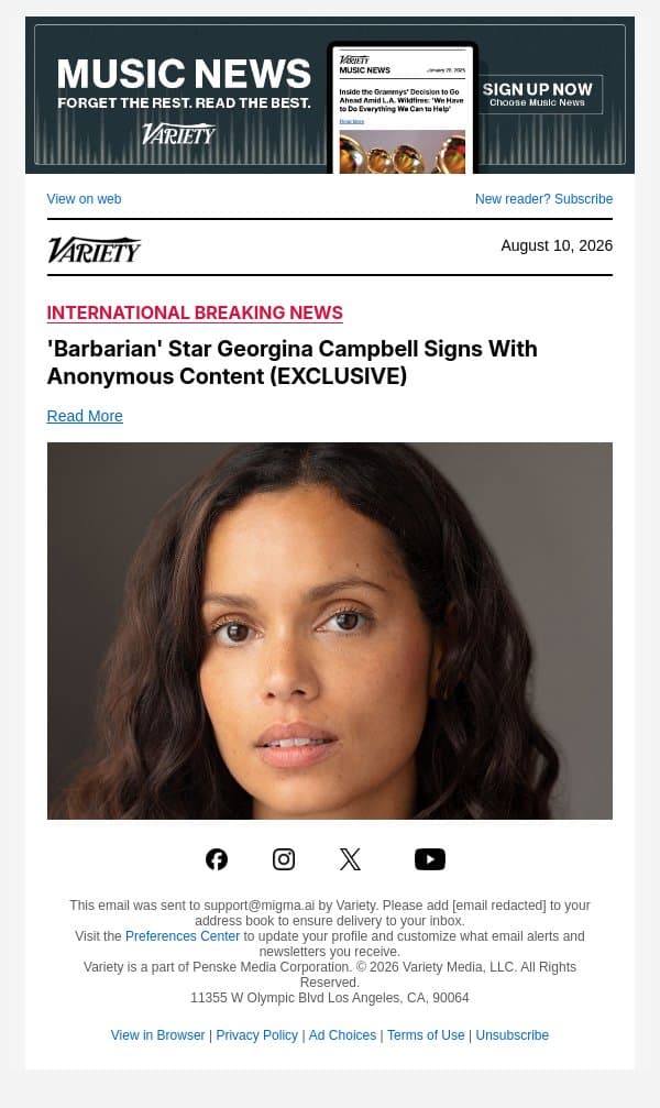 'Barbarian' Star Georgina Campbell Signs With Anonymous Content (EXCLUSIVE) email from Variety screenshot