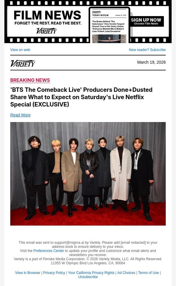 'BTS The Comeback Live' Producers Done+Dusted Share What to Expect on Saturday's Live Netflix Special (EXCLUSIVE) email from Variety screenshot
