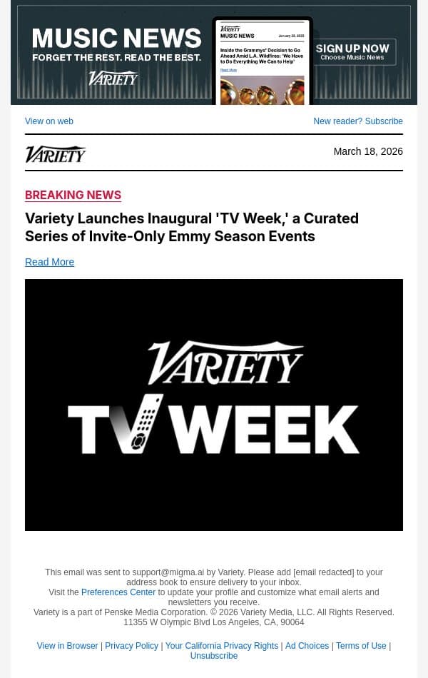 Variety Launches Inaugural 'TV Week,' a Curated Series of Invite-Only Emmy Season Events email from Variety screenshot