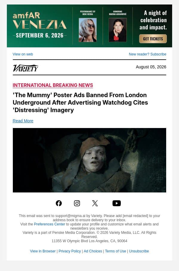 'The Mummy' Poster Ads Banned From London Underground After Advertising Watchdog Cites 'Distressing' Imagery email from Variety screenshot