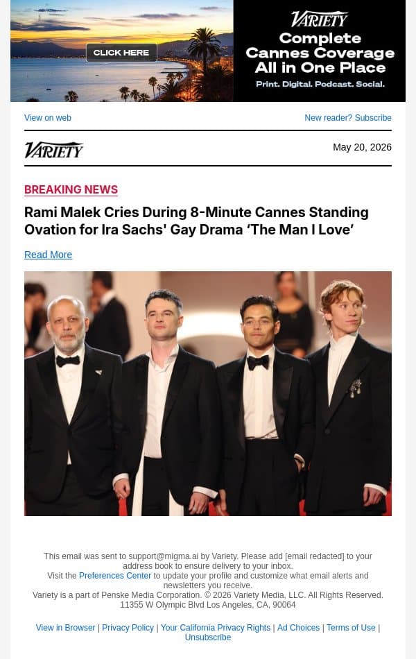Rami Malek Cries During 8-Minute Cannes Standing Ovation for Ira Sachs' Gay Drama ‘The Man I Love’ email from Variety screenshot