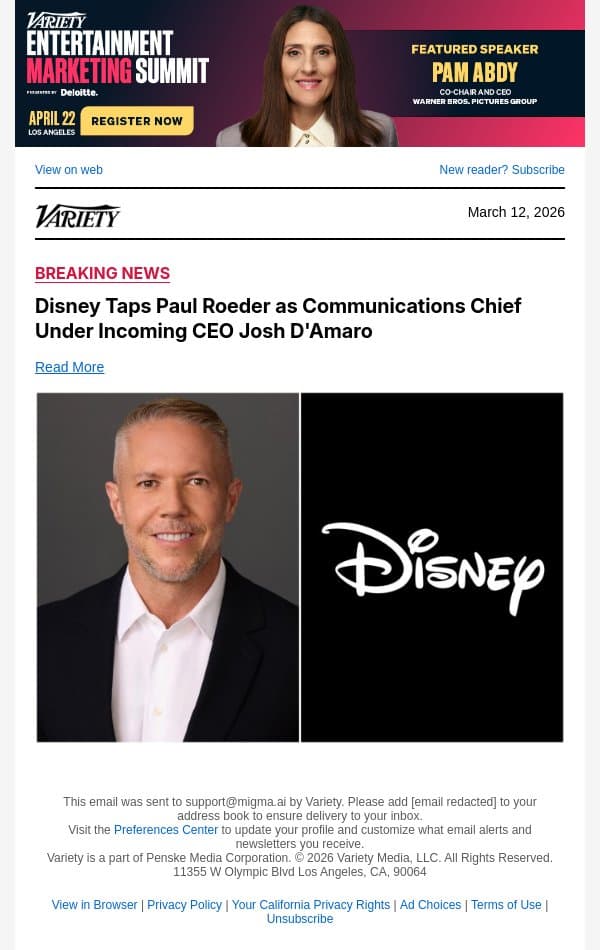 Disney Taps Paul Roeder as Communications Chief Under Incoming CEO Josh D'Amaro email from Variety screenshot