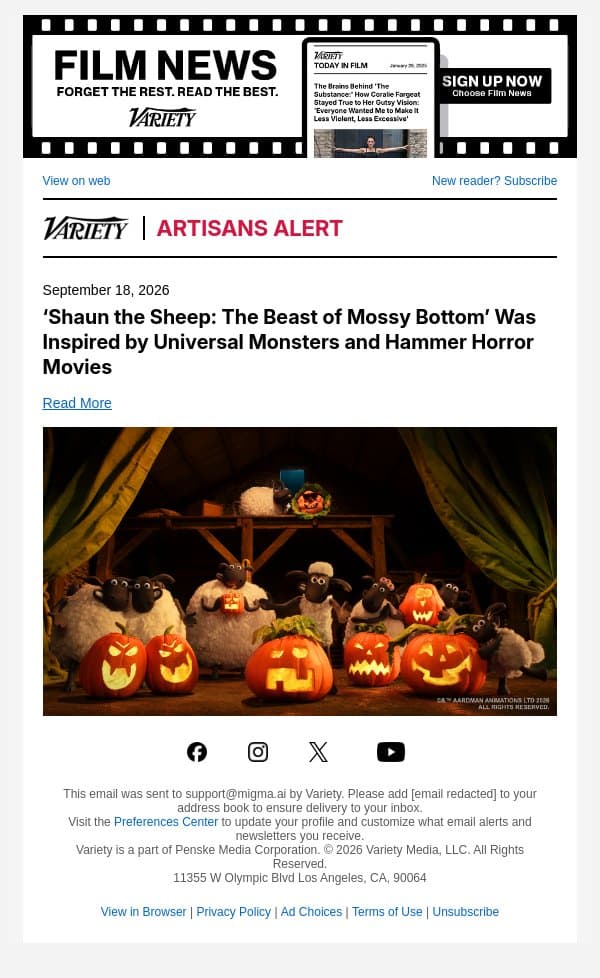 ‘Shaun the Sheep: The Beast of Mossy Bottom’ Was Inspired by Universal Monsters and Hammer Horror Movies email from Variety screenshot