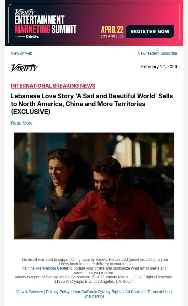 Lebanese Love Story 'A Sad and Beautiful World' Sells to North America, China and More Territories (EXCLUSIVE) email from Variety screenshot