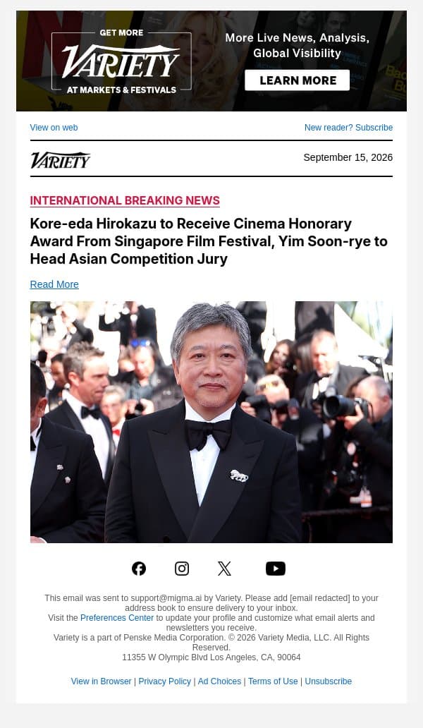 Kore-eda Hirokazu to Receive Cinema Honorary Award From Singapore Film Festival, Yim Soon-rye to Head Asian Competition Jury email from Variety screenshot