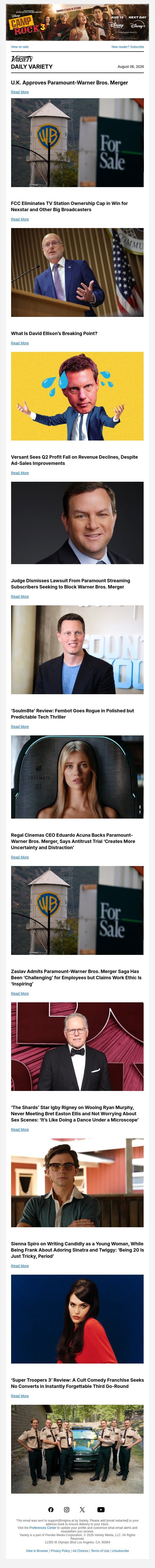 U.K. Clears Paramount-Warner Merger; FCC Eliminates TV Station Ownership Cap; What Is David Ellison’s Breaking Point? email from Variety screenshot