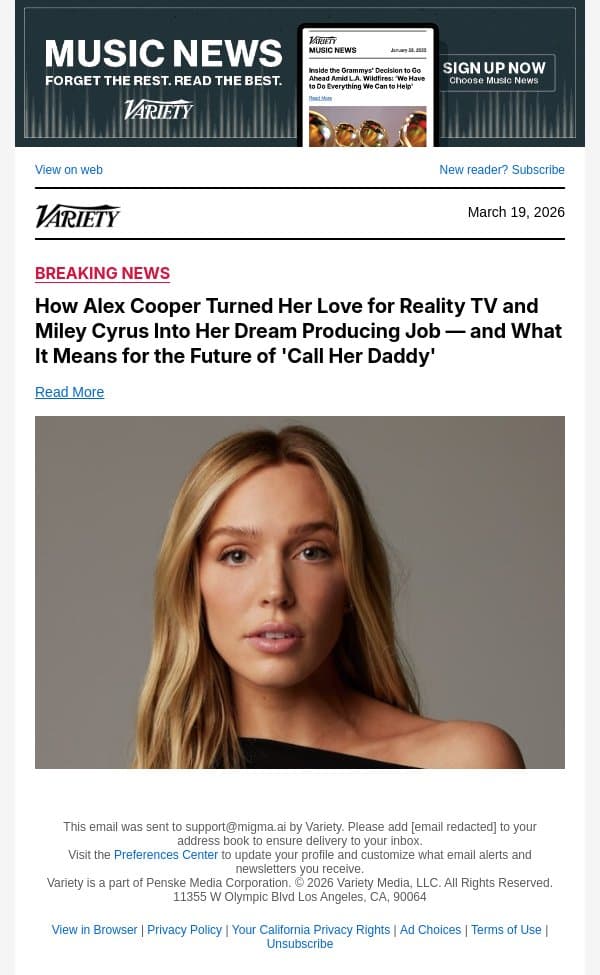 How Alex Cooper Turned Her Love for Reality TV and Miley Cyrus Into Her Dream Producing Job — and What It Means for the Future of 'Call Her Daddy' email from Variety screenshot