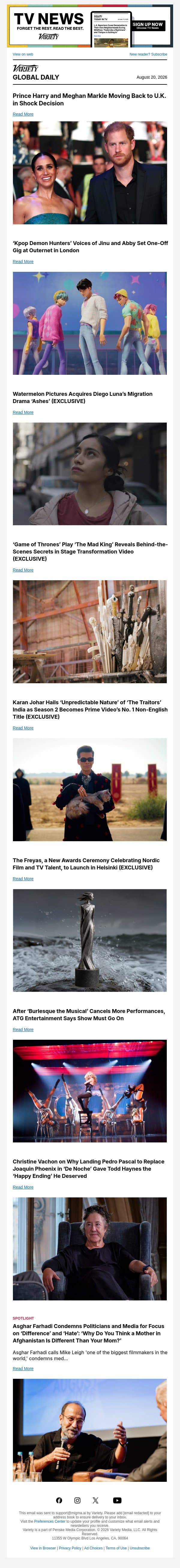 Harry and Meghan Moving Back to U.K.; 'Kpop Demon Hunters' Concert; Watermelon Buys Diego Luna's 'Ashes' email from Variety screenshot